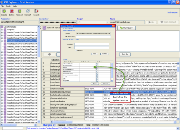 SimpleDB - Create Item Row in Amazon SimpleDB Domain - ScreenShot