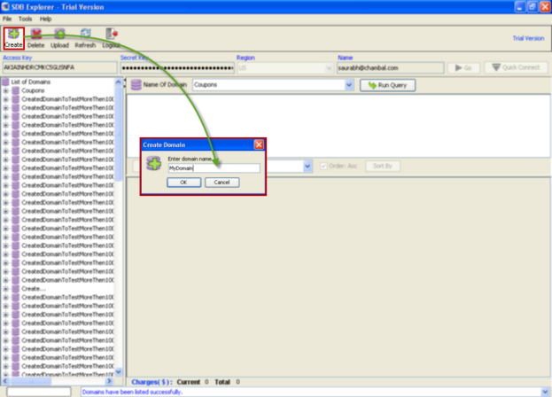 SimpleDB - Create New Amazon SimpleDB Domain  - ScreenShot