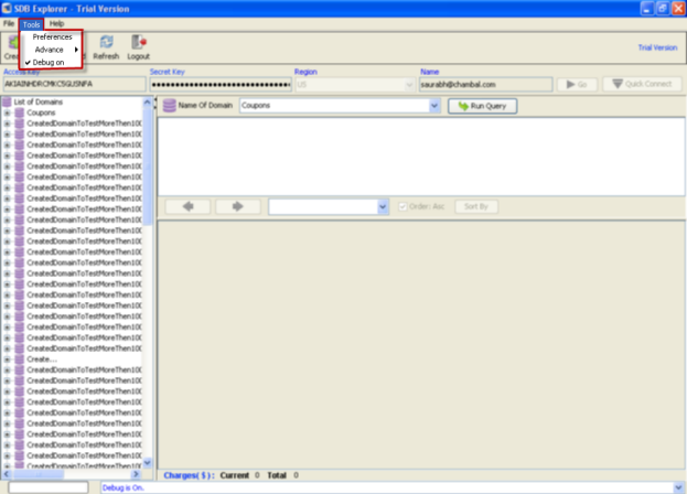 SimpleDB - Debug On to log Amazon SimpleDB Operations - ScreenShot