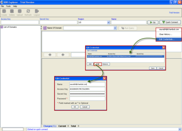 SimpleDB - Edit AWS Credentials in SDB Explorer - ScreenShot