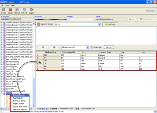 SimpleDB - Explore Amazon SimpleDB Domain - ScreenShot