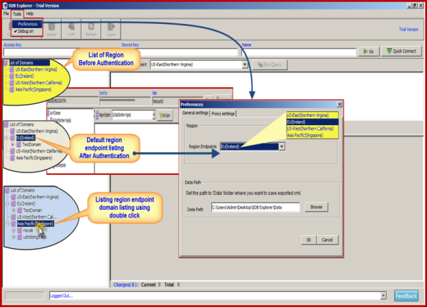 SimpleDB - List domains of a region end point. - ScreenShot