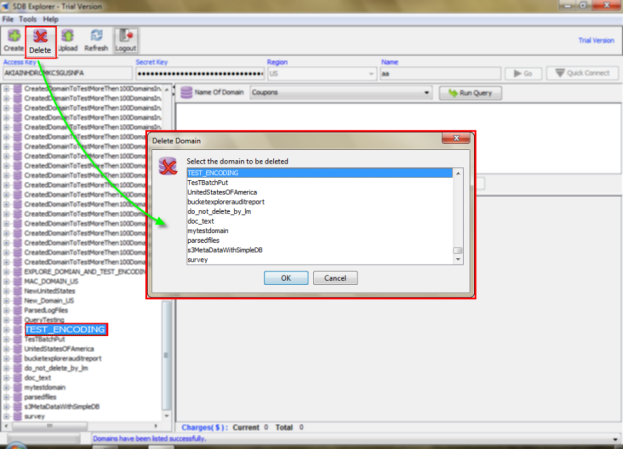 SimpleDB - Delete Amazon SimpleDB Domain - ScreenShot