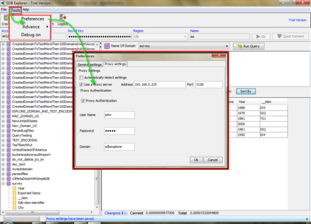 SimpleDB - Proxy Settings for SDB Explorer - ScreenShot
